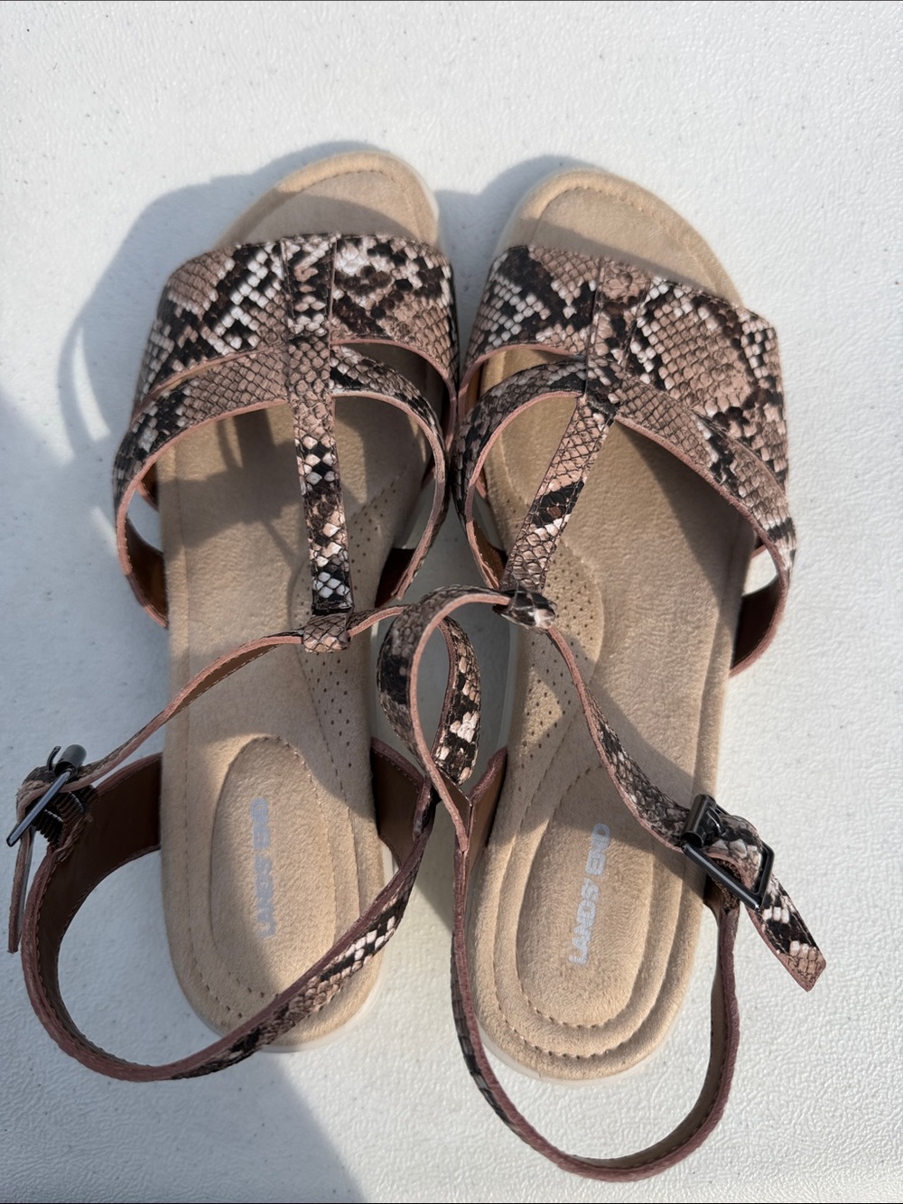 Lands' End Women's Snake-Print Strappy Sandals - Tan and Black